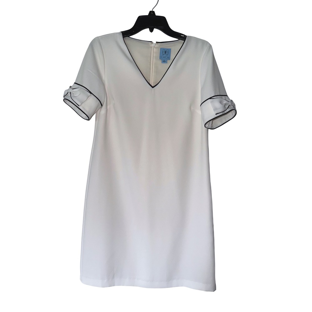 CeCe Women White Shift Dress V-Neck Black Contrast Bow Sleeve Ivory XS‎